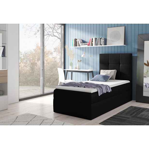 Čalouněná jednolůžková postel REBECCA - 90x200, černá + topper ZDARMA