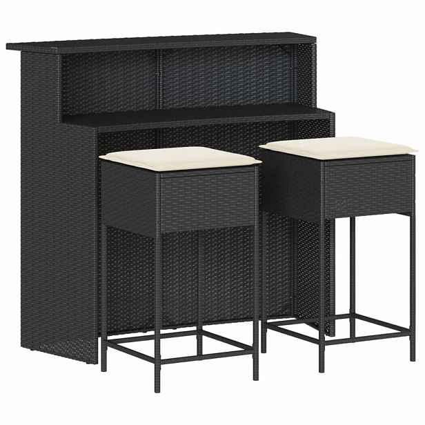 vidaXL 3dílný zahradní barový set s poduškami černý polyratan