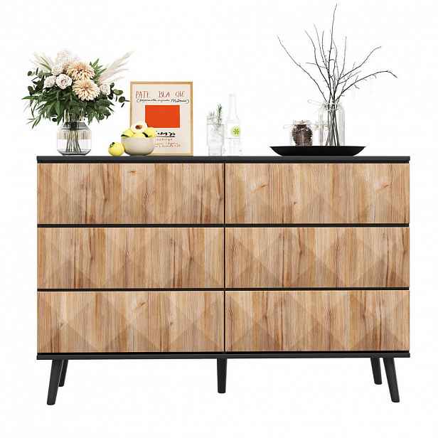 Modfu KOMODA z MDF a dřevotřísky 120x40x85 cm černá/přírodní se 6 zásuvkami, skrytými úchyty a reliéfními čely