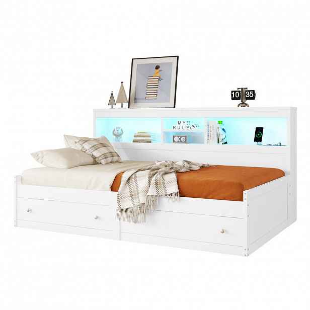 Redom POSTEL 90/200 cm s LED osvětlením, 2 USB porty a úložnými zásuvkami, Bílá
