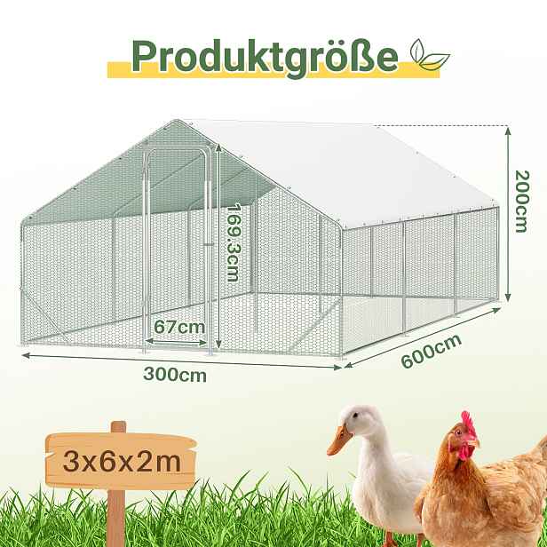 TEMU Velký kurník, 3x6x2 metry | Odolná pozinkovaná ocel, uzamykatelný vrch, snadné použití a rozložení, plné pokrytí venkovní ohrady pro kuřata a