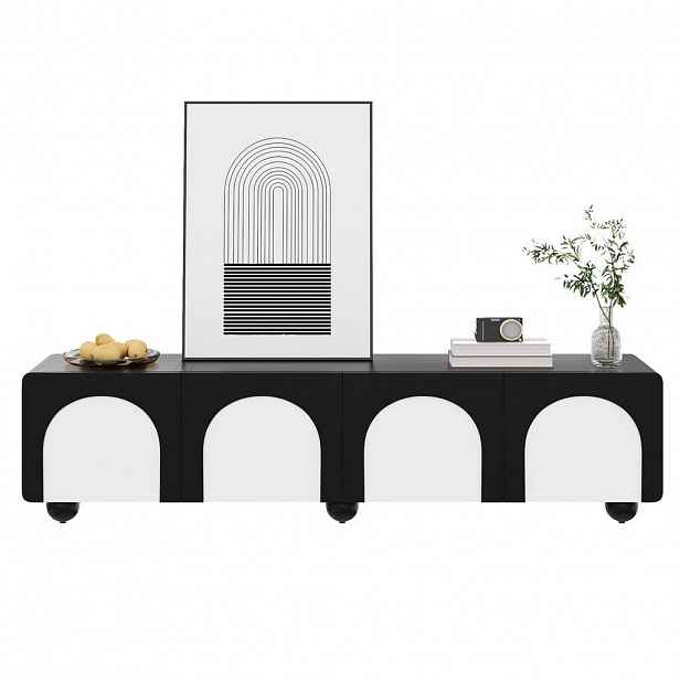 Modfu TV stolek z MDF a PB 180x38x45 cm černá/bílá se 2 zásuvkami, 2 dvířky a průchodkami na kabely