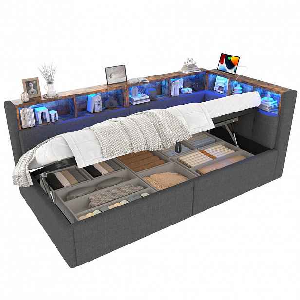 OKWISH POSTEL s přistýlkou 90/200 cm šedá z lnu a MDF s LED osvětlením a úložným prostorem