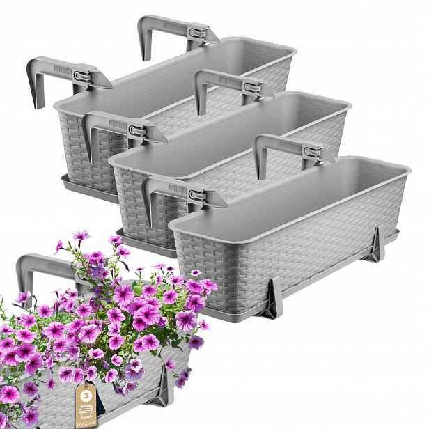 3x Balkonový Truhlík Květináč 60 cm Držáky