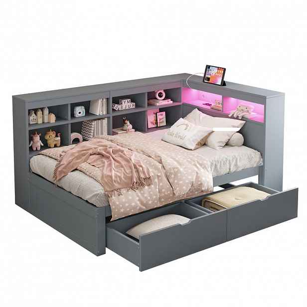 CHICFURN POSTEL 90/200 cm v šedé barvě s úložným prostorem, LED a USB