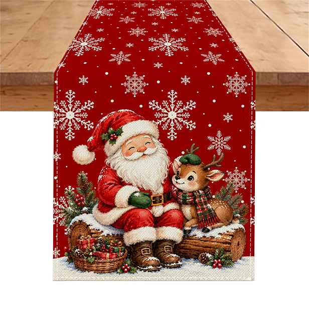 TEMU 1 ks Červený pozadí Vločka Santa Claus Šála Sobí Vánoční běhoun na stůl, Skvělý pro venkovní terasový stůl, Zimní vánoční párty & Sváteční