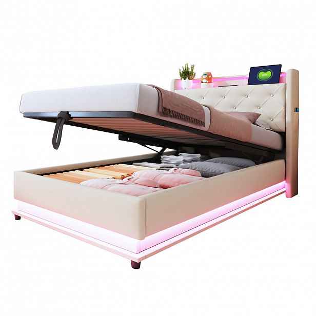WISHDOR DĚTSKÁ POSTEL 90/200 cm v Béžové Barvě z Lněné Látky s Úložným Boxem, LED, USB a Type-C