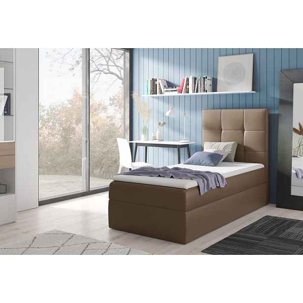Čalouněná jednolůžková postel REBECCA - 100x200, hnědá + topper ZDARMA