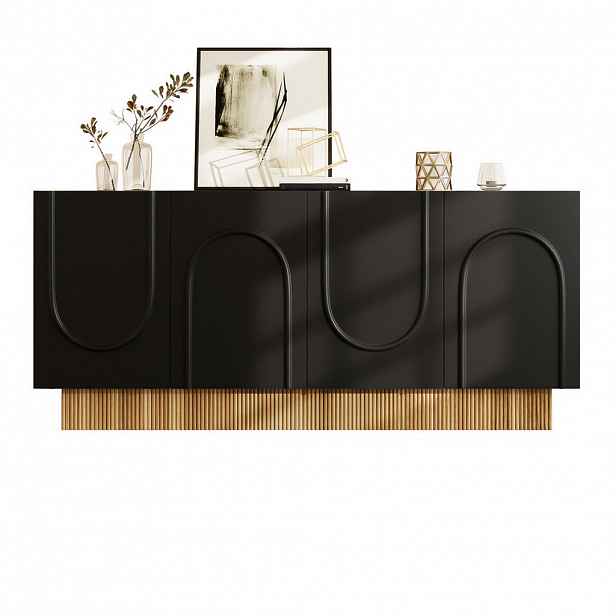 Modfu KOMODA z dřevotřísky 160x75x38 cm černá a dekor dřeva, se 4 dvířky, matným povrchem a reliéfem ve tvaru U