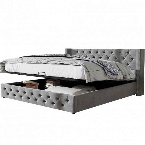 OKWISH ČALOUNĚNÁ postel 140/200 cm šedá ze sametu s úložným prostorem a roštem