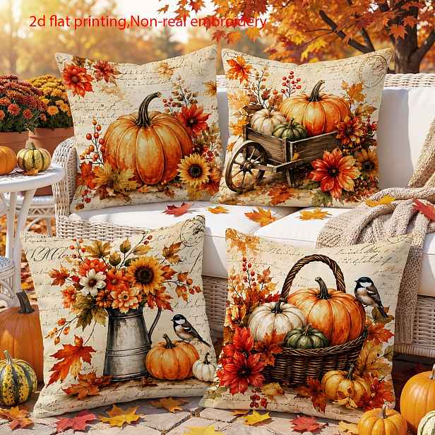 TEMU 4 ks povlaků na polštáře, dýně ve stylu Thanksgiving Country, podzimní domácí dekorace, vhodné do ložnice, obývacího pokoje, na pohovku, do