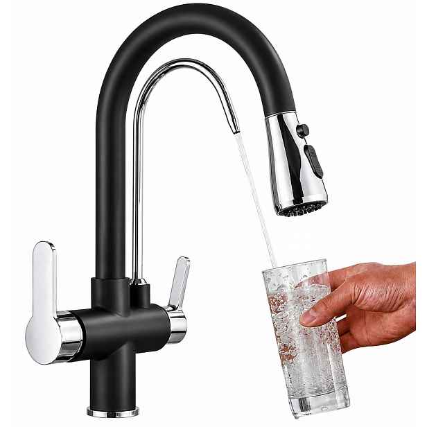 Kuchyňská baterie 3v1 Třícestná Filtr vody Vytahovací Sprcha Černá Chrom