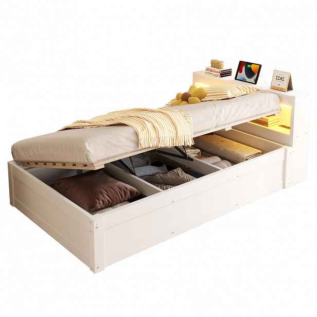CHICFURN POSTEL 90/200 cm v bílé barvě s úložným prostorem, LED osvětlením a nabíjecí zásuvkou