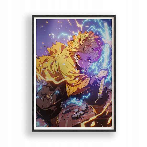 Obraz Demon Slayer Zenitsu Agatsuma Plakát Rámeček Dřevěný Černý 30x42 cm