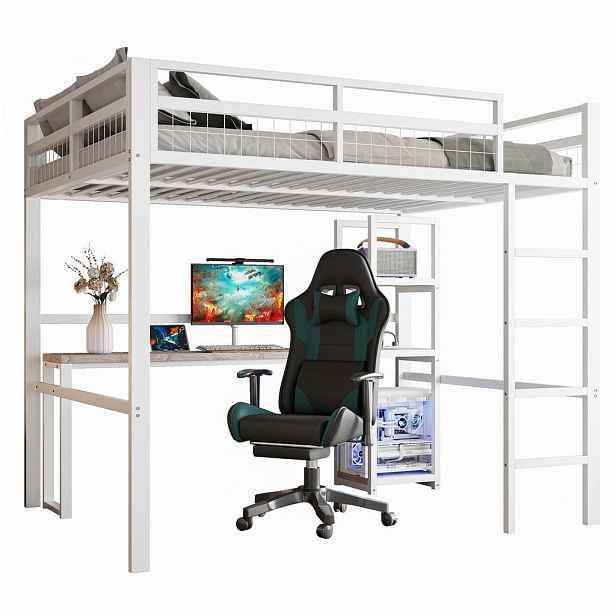 Redom VYSOKÁ postel 140/200 cm s psacím stolem, regály, zásuvkami USB a Type-C, zábradlím a schůdky, Bílá