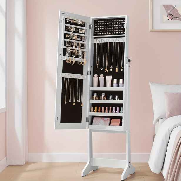 TEMU Zamykatelná Skříňka na Šperky s Plným Zrcadlem - Moderní Dřevěný Stojací Armoire se Zámkem, Háčiky na Náušnice, Věšák na Náhrdelníky &