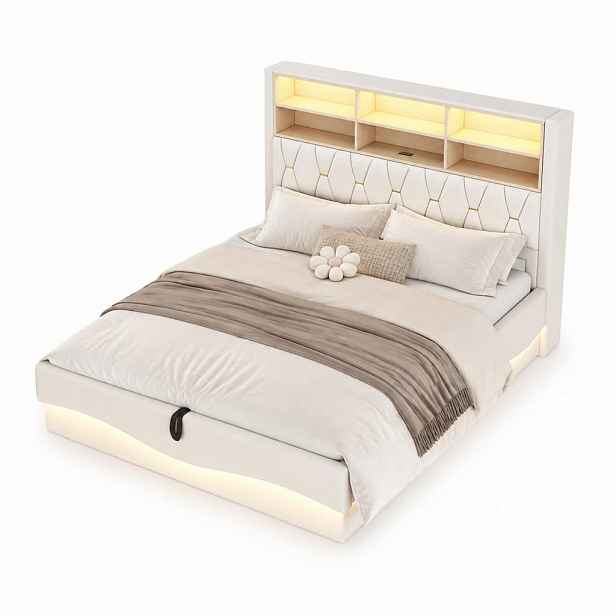 CHICFURN ČALOUNĚNÁ POSTEL 180/200 cm v béžové barvě s úložným prostorem, LED a USB