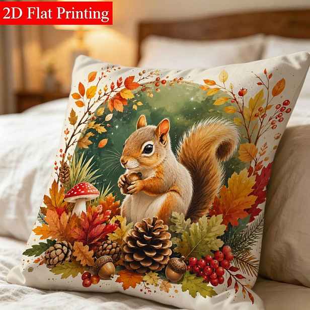 TEMU Dekorativní povlak na polštář, 45 X 45 (oboustranný potisk), design podzimní veverky a ořechu, měkká látka, vhodný pro dekoraci postele v