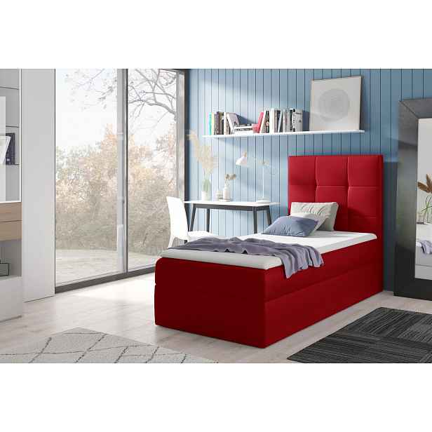 Čalouněná jednolůžková postel REBECCA - 100x200, červená + topper ZDARMA