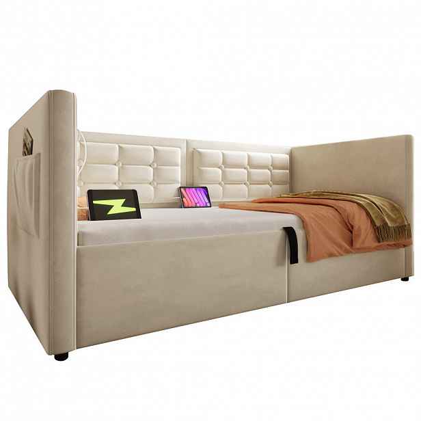 WISHDOR ROZKLÁDACÍ POHOVKA 90/200 cm v béžovém sametu s úložným prostorem, USB a Type-C