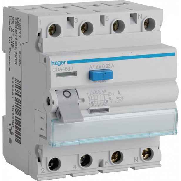 Hager Rccb Proudový chránič 3P+N 63A 30mA 6kA A CDA463J