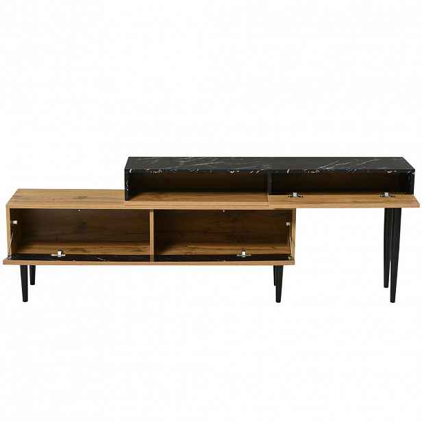 Modfu TV stolek z MDF v dekoru 129x30x58 cm přírodního dřeva s odolnou PVC hranou, železnými nohami a úložnými policemi