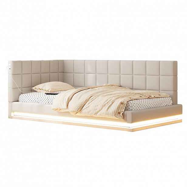 Redom ČALOUNĚNÁ postel 90/200 cm s LED osvětlením, USB portem a lamelovým roštem, Béžová