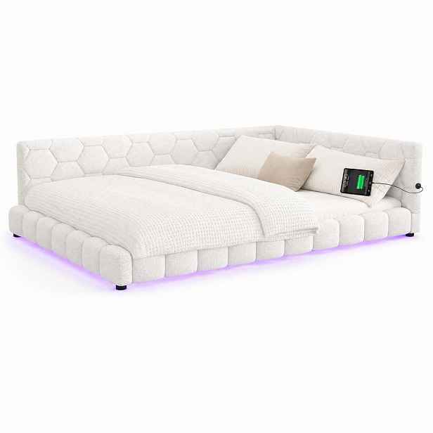 CHICFURN DENNÍ LŮŽKO 140/200 cm v bílé barvě s LED osvětlením, USB a Type-C