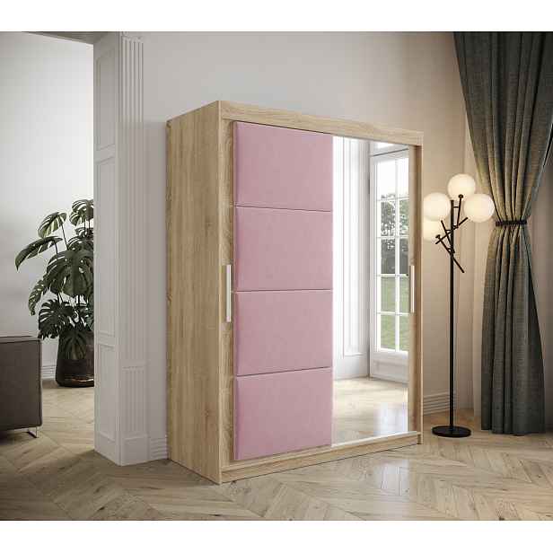 Šatní skřín Tempica 150cm se zrcadlem, sonoma/růžový panel