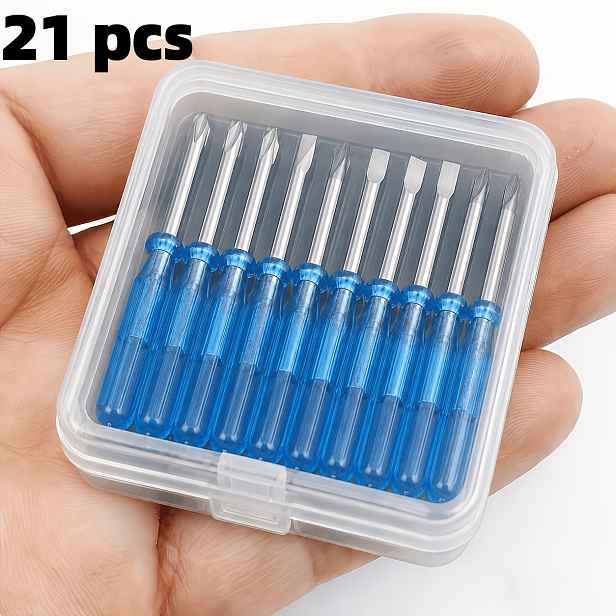TEMU 21dílná sada mini šroubováků (10 ks rovných, 10 ks křížových a 1 ks plastové krabičky), vhodná pro opravy hraček a - Obsahuje 2mm mikro rovné a