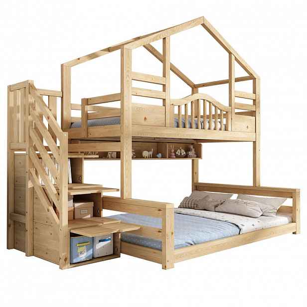 CHICFURN PATROVÁ POSTEL 90/200 cm & 140/200 cm v béžové a přírodní barvě s úložným schodištěm