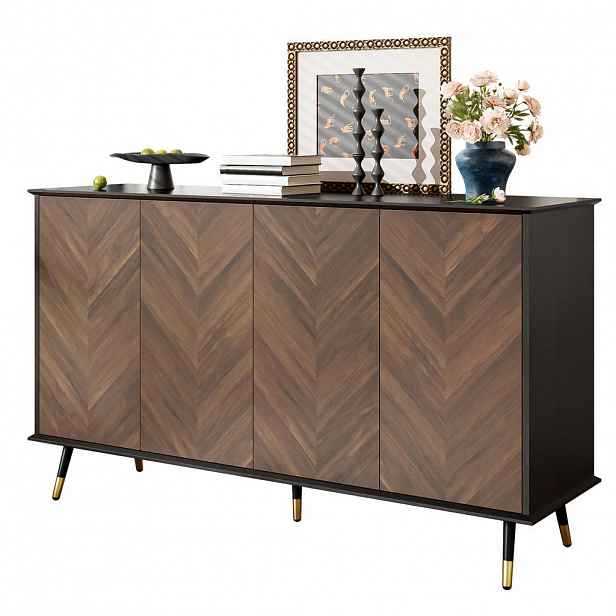 Modfu PŘÍBORNÍK z MDF 140x40x80 cm černý a hnědý se 4 dvířky, nastavitelnými policemi a tichým dovíráním