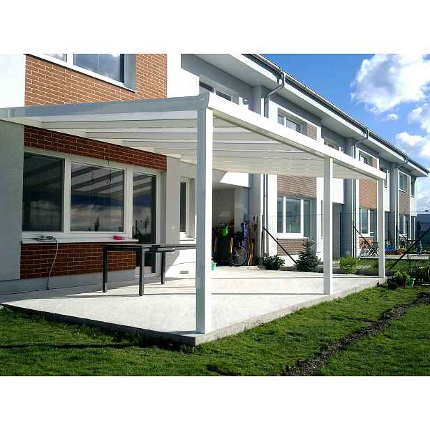 Sestava pro montáž hliníkové pergoly bílá 9010 PC 16BOX 3 WALL čirá 3×3,5 m