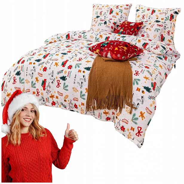 Povlečení z mikrovlákna 160x200 Merry Cozy bílé vánoční s plyšovým medvídkem