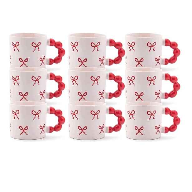 Keramické hrnky 12 ks Růžové s červenými mašlemi Porcelán 360 ml