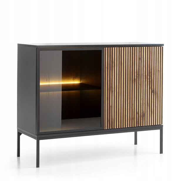 Komodee Komoda Laval K104 Černý Dub Wotan, Led, Skleněné Dvířka