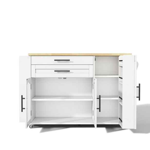 Modfu KUCHYŇSKÝ ostrůvek z MDF 120x45 (70)x90 cm přírodní/bílý se sklápěcí deskou, skleněnými dvířky a 5 kolečky