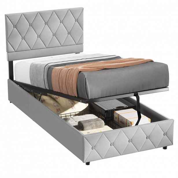 OKWISH ČALOUNĚNÁ postel 90/200 cm šedá s hydraulickým úložným prostorem ze sametu