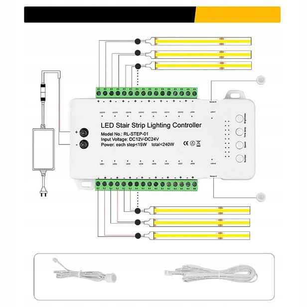 Led Schodišťový Ovladač 16 Stupňů Schodů Kanálů 12-24V 240W Senzory Pir