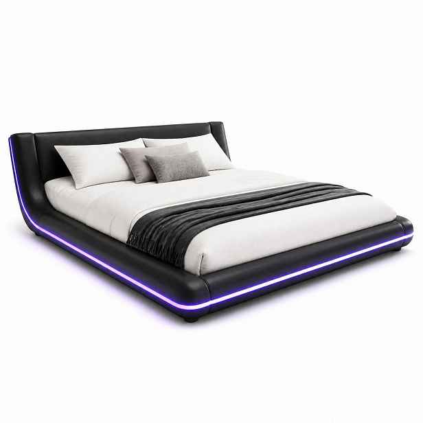 CHICFURN NÍZKÁ POSTEL 140/200 cm v černé barvě s LED osvětlením z PU