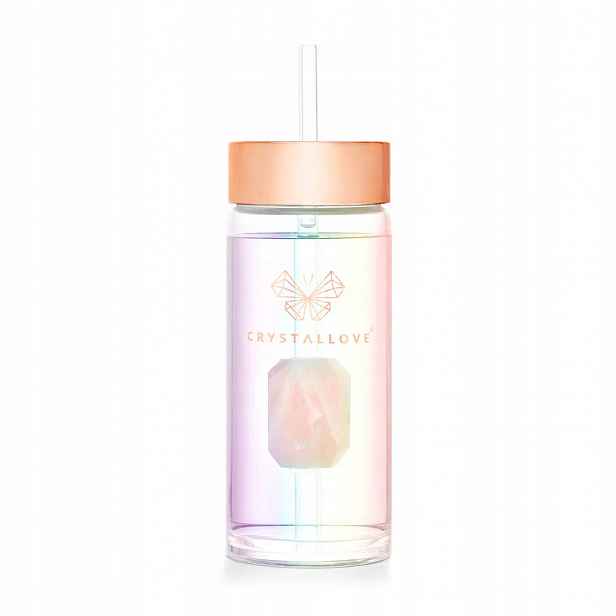 Crystallove Skleněná lahvička na vodu s růženínem a brčkem 400ml holo