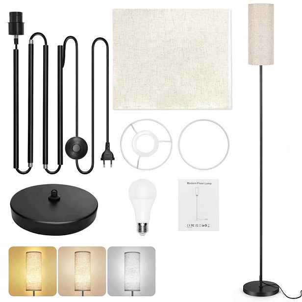 Stojací Lampa Podlahová Lampa S Žárovkou E27 Noční Lampa Lněné Stínidlo