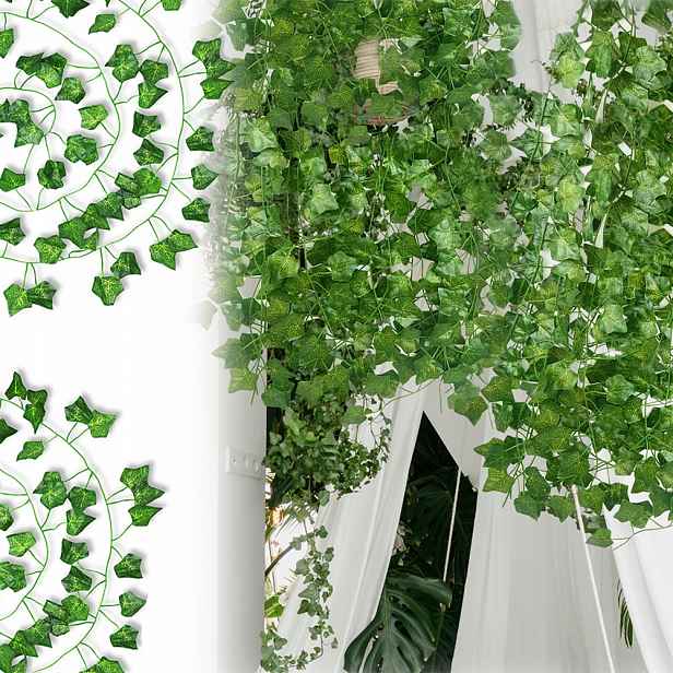 48 x Umělý Břečťan Girlanda Na Balkon Ozdobné Listy Zelená Stěna