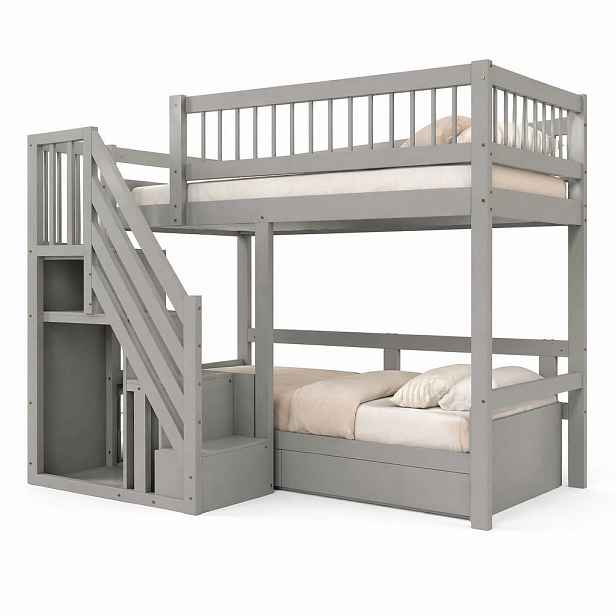 CHICFURN VYVÝŠENÁ POSTEL 90/200 cm v šedé barvě s úložnými schody z masivního dřeva