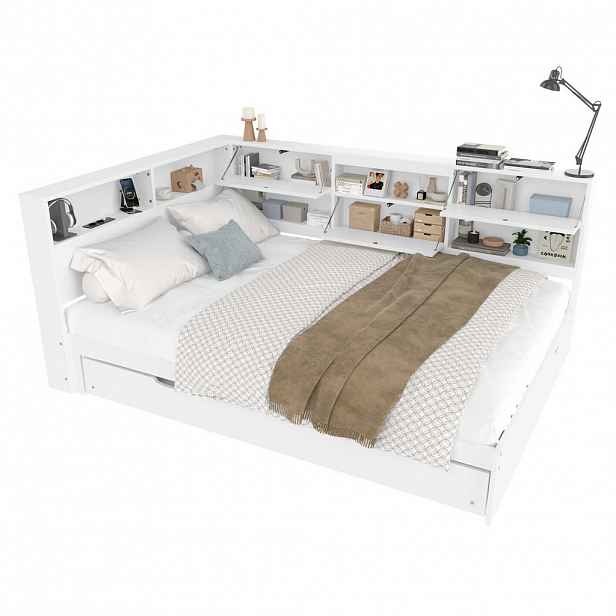 CHICFURN POSTEL 140/200 cm & 90/190 cm v bílé barvě s výsuvným lůžkem, USB a Type-C