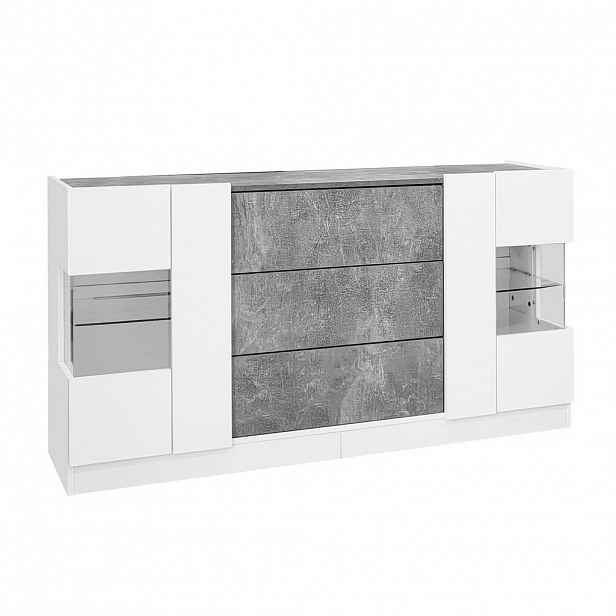 Modfu KOMODA z MDF, skla a dřevotřísky 140x35x75 cm bílá a šedý mramorový dekor s LED osvětlením, 2 dvířky a 3 zásuvkami