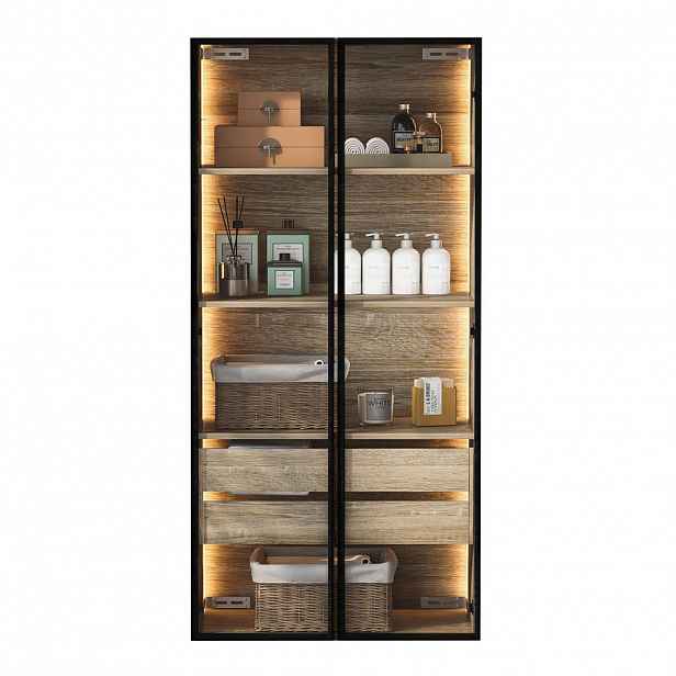 STILVORA KOUPELNOVÁ SKŘÍŇKA přírodní s LED lištou a zásuvkami do koupelny, 74×36×155 cm