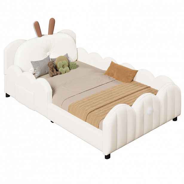 CHICFURN DĚTSKÁ POSTEL 90/200 cm v béžové barvě ze sametu s ochrannými zábranami a polštářkem s motivem králíka