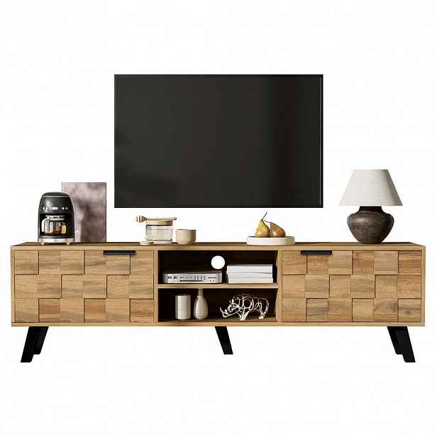 Modfu TV stolek z dřevotřísky 160,5x35,5x45 cm v dekoru dřeva se 2 dvířky, 2 otevřenými přihrádkami a tlumeným dovíráním
