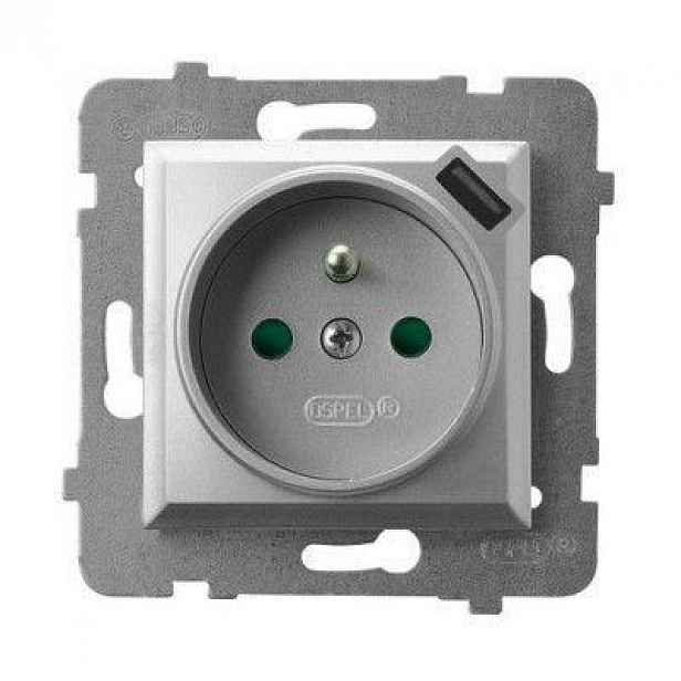 Ospel As stříbrný zásuvka s uzemněním Usb GP-1GZPUSB/m/18
